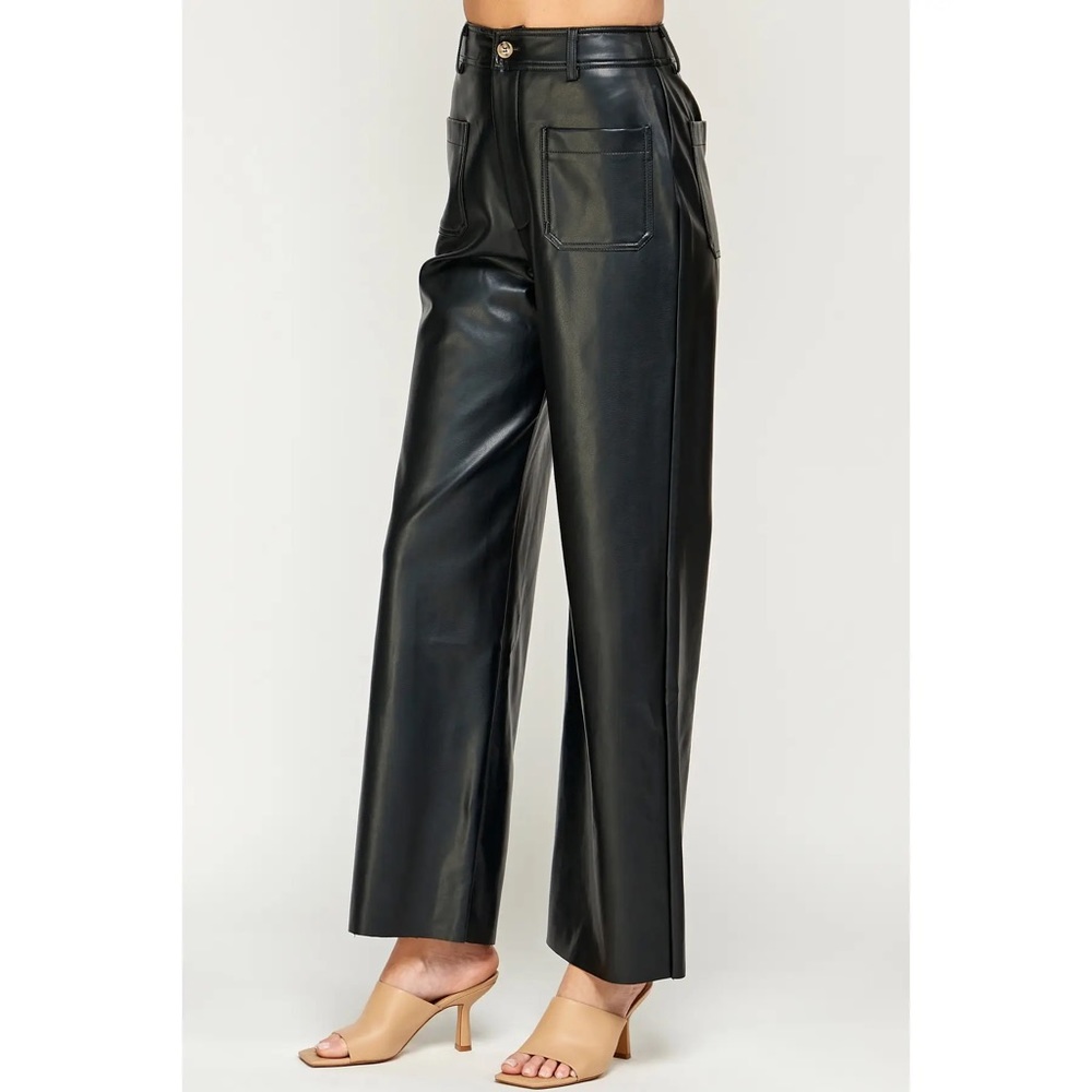 Faux Leather Front Pocket Full Pants